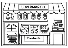 a black and white line drawing of a storefront with the words supermarket products on it