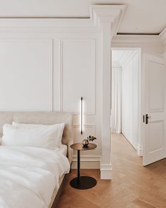 a bedroom with white walls and wood flooring is pictured in this image, there are two lamps on either side of the bed