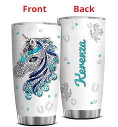 two white tumblers with blue and silver unicorns on them, one has the word dream written on it