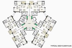 the floor plan for an apartment building with four floors and several rooms in each room