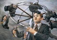 a painting of a man holding onto a ferris wheel with other people in the background