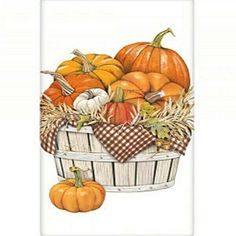 a painting of pumpkins and gourds in a basket on a white background