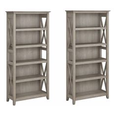 two gray bookcases side by side on a white background