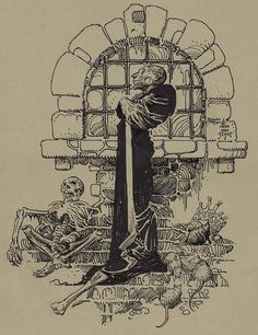 a drawing of a woman standing next to a skeleton in front of a window and another person sitting on the ground