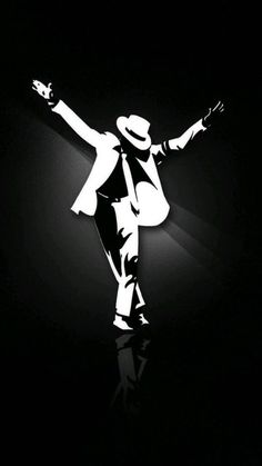 the silhouette of a man in a suit and hat is dancing with his arms outstretched