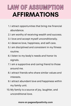 a pink and white poster with the words law of asumption affirmations