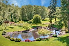 a small pond surrounded by trees in the middle of a lush green field