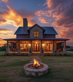 a house with a fire pit in front of it at sunset or sunrise time,