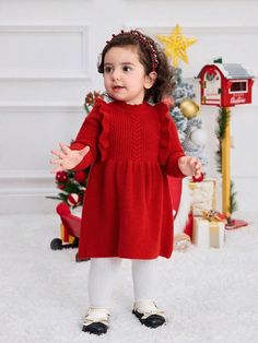 Baby Girl Knit Dress, Textured Ruffled Hem Knitted Dress, Suitable For Outdoor, Party, Christmas Party And Other Occasions Red   Long Sleeve Knitwear Plain  High Stretch  Baby Girls Clothing, size features are:Bust: ,Length: ,Sleeve Length: Girls Turtleneck, Girls Knitted Dress, Girls Sweater Dress, Girls Applique, Girls Sweater, Long Sleeve Knit Sweaters, Knitted Dress, Knitting Girls