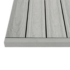 a close up of a wooden deck with white paint on it's sides and wood slats in the background