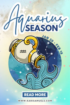 an advertisement for the aquarius season is shown in blue and yellow colors with stars above it