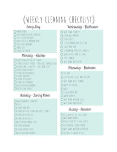 the weekly cleaning checklist is shown in green and white with black writing on it