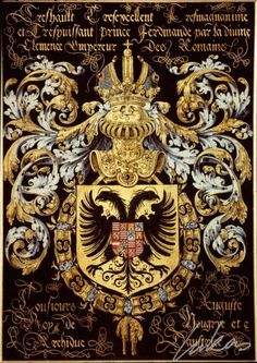 an ornate gold and black coat of arms with two headed eagle on it, surrounded by other symbols