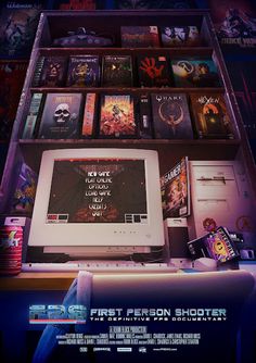 a movie poster with an electronic device in front of a shelf full of books and movies