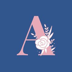 the letter a is made up of flowers and leaves on a blue background with white lettering