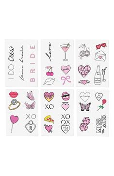 six different stickers with hearts, flowers and other things on them are shown in the same