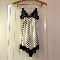 Victoria’s Secret Lingerie Size Xs. One Piece, Nwt. Super Cute Cheeky Polka Dots Adjustable Lingerie. Never Worn, Very Soft And No Padding. Total Length Is 29” To Fully Extended Which Is 31”. There Is A Tiny Bit Of Discoloration On The Straps From The Hanger As Shown In The Last Two Pictures, Otherwise It Is In Excellent Condition! Victoria's Secret White Camisole Sleepwear, Fitted White Victoria's Secret Sleepwear, White Victoria's Secret Camisole For Loungewear, Aesthetic Intimates, Silk Pajama Pants, Satin Bralette, The Hanger, Lace Trim Shorts, Black Lace Bralette