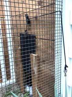 a caged in area with some plants growing out of it and an open door on the other side