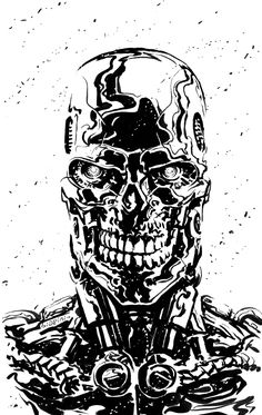 a black and white drawing of a skull wearing a helmet with chains around its neck