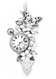 a drawing of a clock with butterflies on it and flowers around the clock that is black and white