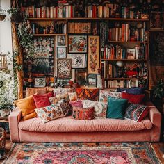 a living room filled with lots of colorful pillows