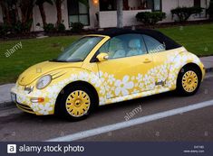 a yellow car painted with flowers is parked on the street in front of a house