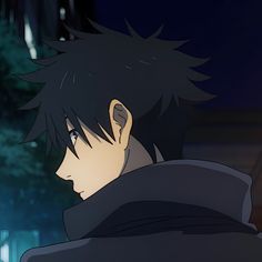 an anime character with black hair staring at something in the distance, and trees behind him