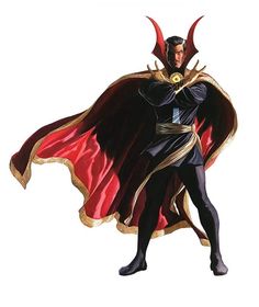 a man dressed in black and red standing with his hands on his hips while wearing a cape