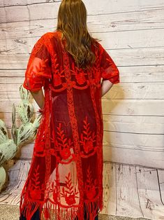 Anytime Lace Kimono with Fringe Hem - Red | Branded Envy Kimono With Fringe, Red Flames, Red Kimono, Lace Kimono, Cover Up Dress, Dress Red, Lace Trim, Red Dress, Kimono Top