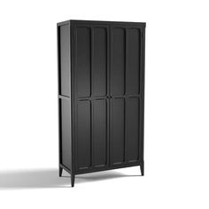 a tall black cabinet with three doors