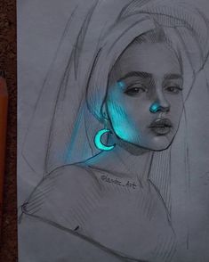 a pencil drawing of a woman's face with blue light coming from her eyes