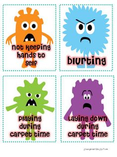 four square stickers with different types of cartoon characters and words that say, not keeping hands to self