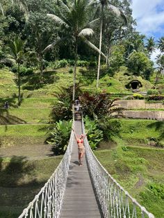 a woman walking across a suspension bridge in the jungle