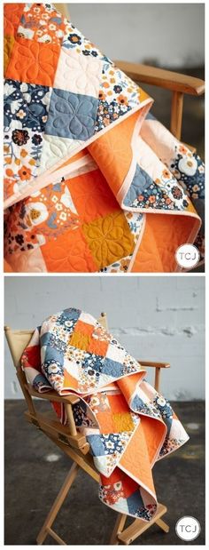 an orange and blue quilt sitting on top of a wooden chair