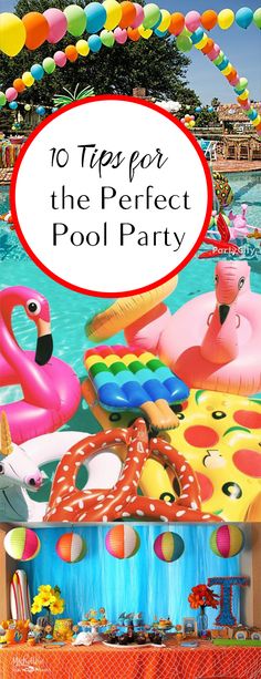 a pool party with flamingos and inflatable floats for the perfect pool party