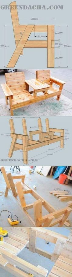 the plans for an outdoor bench made out of pallet wood are shown in three different views