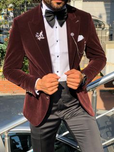 Slim-Fit Velvet Tuxedo Claretred-baagr.myshopify.com-suit-BOJONI Brown Velvet Coat, Dinner Jacket Wedding, Velvet Blazer Outfit, Mens Tux, Tuxedo Colors, Groom And Groomsmen Suits, Velvet Tuxedo, Guys Fits, Slim Fit Tuxedo