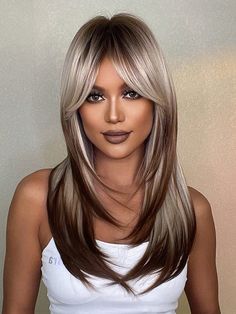 Multicolor  Collar  High Temperature Fiber  Bangs Wig Embellished   Wigs & Accs Bangs And Balayage, Gray Highlights, Blonde Layers, Fluffy Hair, Blonde Ombre, Wigs With Bangs, Layered Hair, Blonde Highlights, Balayage Hair