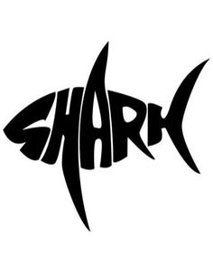 the word shark in black and white with an image of a fish on it's side