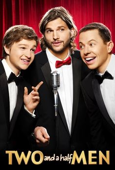 two and a half men poster with three men in tuxedos, one pointing at the camera