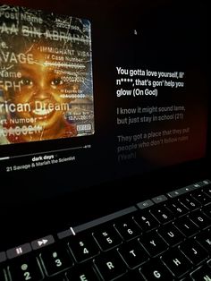 a computer screen with an image of a woman's face and words on it