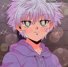 an anime character with white hair and blue eyes, wearing a purple hoodie while looking at the camera