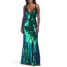 Brand New Color: Green/Blue Sequin Embellished, Crossover Back Straps, Fully Lined Sleeveless, V-Neck, Gown 67in Long, Taken From Size 4 Back Zip And Hook Closure Polyester Imported Not Returnable In Store Dry Clean Uzun Boy, Edgy Glam, Tadashi Shoji Dresses, Girls Stuff, Designer Cocktail Dress, Applique Shirts, Metallic Sandals, Sequin Gown, Tadashi Shoji