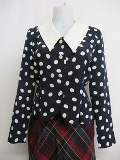 "Liz Claiborne Peplum Blouse ~Sassy~ Polka Dot Blouse ~This is a WOW~ Beautifully tailored and fitted Poly crepe A bit dress up! Button front Peplum waist Shoulder pads have been removed Small 4 Petite Bust 38\" Waist 30\" Hip 40\" Shoulder 16\" Length 19\" Excellent condition Looks unworn! https://www.etsy.com/shop/BelindasStyleShop" Classic Fitted Blouse With Peter Pan Collar, Classic Fitted Top With Peter Pan Collar, Fitted Tops With Peter Pan Collar For Work, Retro Fitted Buttoned Top, Fitted Workwear Top With Peter Pan Collar, Fitted Peter Pan Collar Top For Work, Vintage Collared Top For Office, Fitted Polka Dot Blouse For Work, Fitted Blouse With Peter Pan Collar For Office