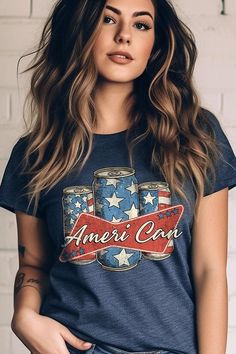 Ameri Can 4th Of July Graphic T Shirts.Unisex Crew Neck Short Sleeve Tees.Crafted from premium materials, tailored to your lifestyle, ensuring a comfortable fit for any occasion.Family Group Uniforms Birthday Party Gift Concert Festival Events.High Quality Direct To Film Printed Graphic Design.100%COTTON,HEATHER(52%COTTON,48%POLY),ATH.HEATHER,BLACK HEATHER(90%COTTON,10%POLY)NICARAGUAMade In: Nicaragua Casual Blue Tops With American Flag Print, Navy Graphic Tee With Letter Print, Trendy Navy Top With Letter Print, Blue Cotton Tops With Flag Print, Patriotic Blue Cotton Tops, Blue Cotton Patriotic Tops, Casual Blue Tops With Flag Print, Blue Crew Neck Top For 4th Of July, Trendy Crew Neck Top For 4th Of July