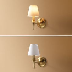 two wall lamps with one light on each side and the other off to the side