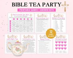 the bible tea party printable game is shown on a pink background with gold trimmings