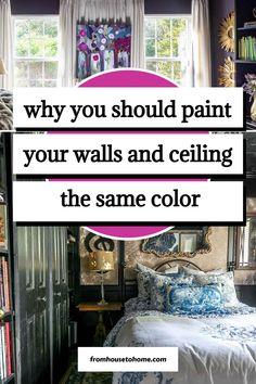 a bedroom with purple walls and white bedding is featured in the article why you should paint your walls and ceiling the same color