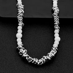 Material: Titanium Steel Fashion Element: Round Style: Original Design Trendy White Beaded Necklaces With Chain, Trendy White Metal Choker, Trendy Metal Clavicle Chain Beaded Necklace, Trendy Metal Necklace With Lobster Clasp, Trendy Metal Beaded Necklace With Clavicle Chain, Silver Metal Necklace With Beaded Chain, White Metal Beaded Necklaces With Beaded Chain, White Beaded Necklace With Adjustable Chain, White Charm Clavicle Chain Necklace For Party