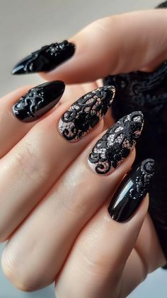 Black Lace Nails Designs, Black Stiletto Nails, Elegant Nail Art, Valentine Nail Art